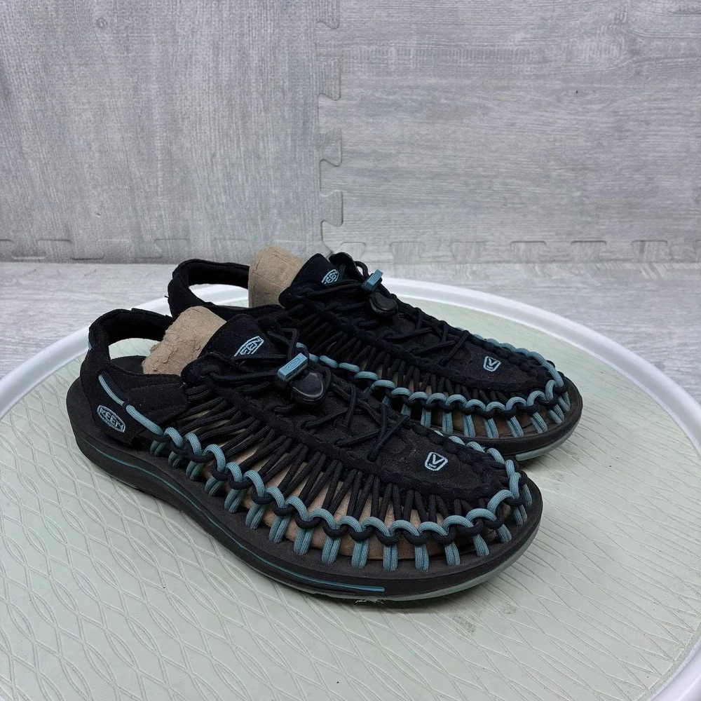 Keen Uneek Sandals Mens 9.5 Black Blue Cord Lace Up Outdoor Shoes 1013092